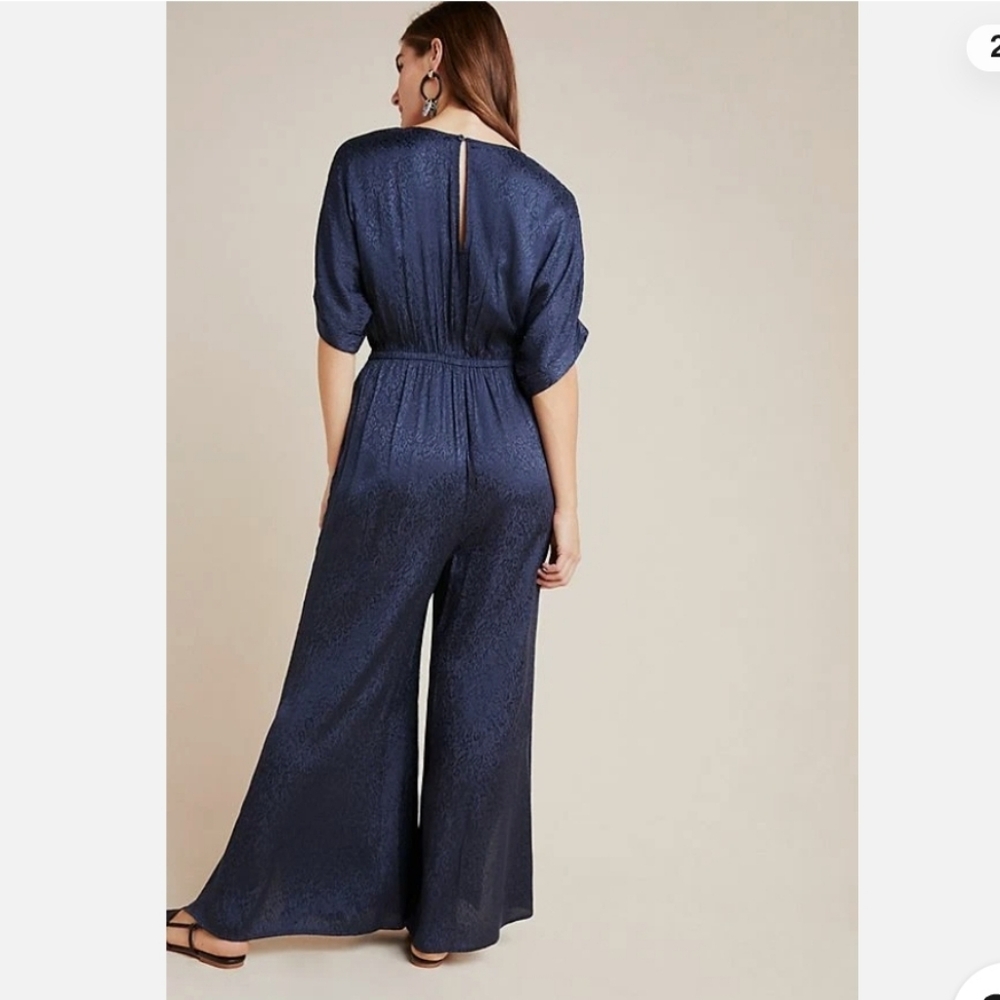 ANTHROPOLOGIE - Maeve Jacqueline Jacquard Navy Blue Jumpsuit - Picture 2 of 5